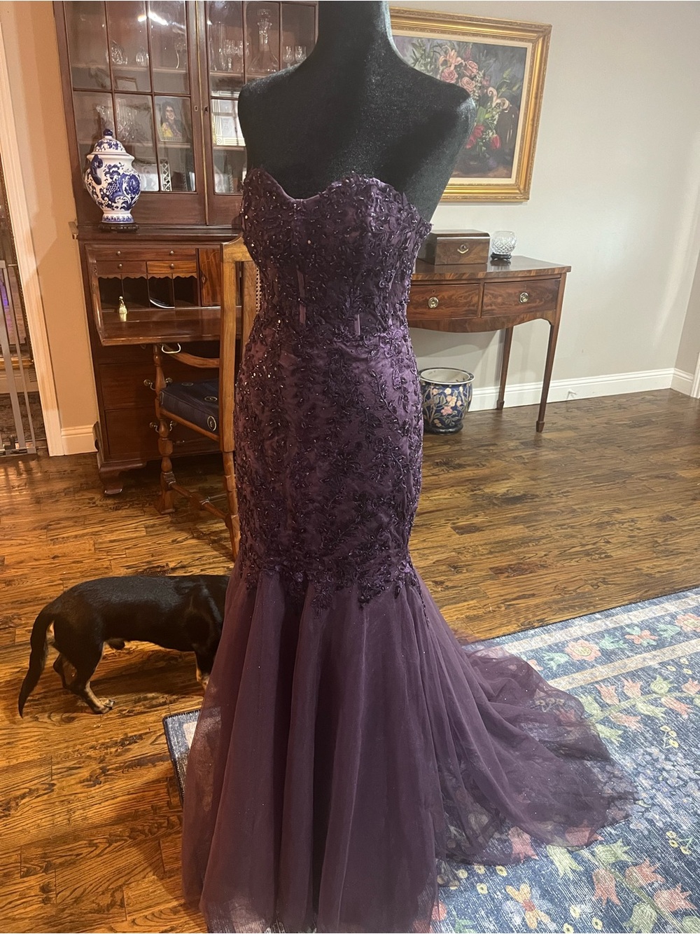 Strapless Beaded Mermaid Evening Gown in Deep Purple